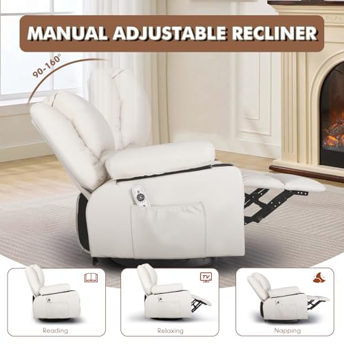 Comermax Faux Leather Rocker Recliner with Heat and Massage Cup Holders, Overstuffed Rocking Recliner Swivel Glider Chair for Nursery Heated Massaging Reclining Chair, Cream White