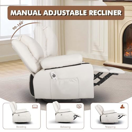 Comermax Faux Leather Rocker Recliner with Heat and Massage Cup Holders, Overstuffed Rocking Recliner Swivel Glider Chair for Nursery Heated Massaging Reclining Chair, Cream White Comermax