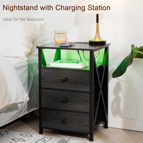 AMHANCIBLE Night Stand Set 2, LED Nightstand with Charging Station, End Side Tables with USB Port & Outlet, Bedside Table with Fabric Drawers for Bedroom Living Room, Dark Grey, HET053LDG AMHANCIBLE