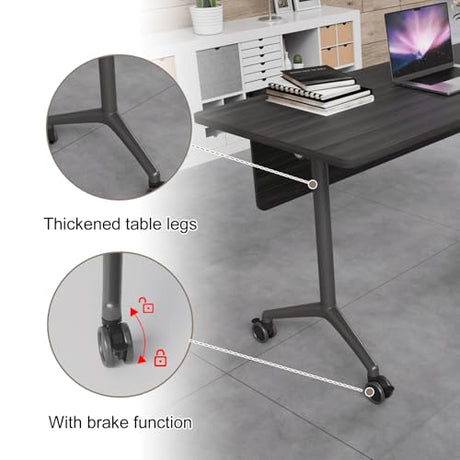 IEDZBEQ Folding Conference Room Tables on Wheels - Mobile Conference Tables Wooden Rectangular Flip Top Training Table 8-16 Person,for Meeting,Office,Seminar (2, Ebony, 47 in) IEDZBEQ