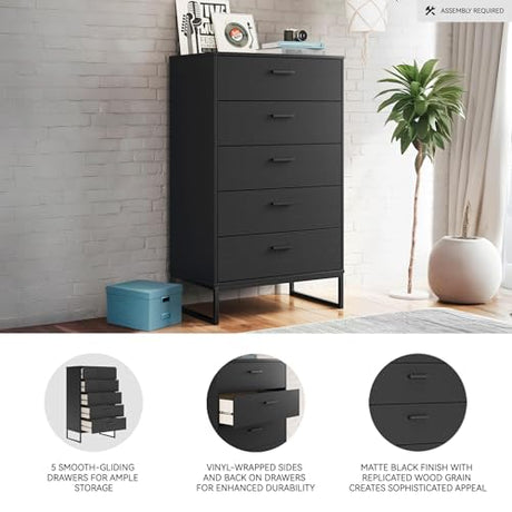 Signature Design by Ashley Socalle Casual Contemporary Chest of Drawers with Dark Pewter Hardware and Metal Legs, 5 Drawers, Wood, 50.67" High, Matte Black Signature Design by Ashley