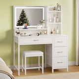 Greenstell Vanity Desk with Mirror and Lights, Makeup Vanity Table with Upholstered Stool, 4 Drawers & 3 Storage Shelves, Power Outlet, 3 Adjustable Lighting Modes for Bedroom and Dressing Room, White GREENSTELL
