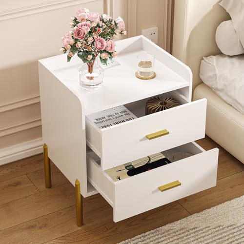 Vabches Nightstand with Built-in Charging Station, White Mid Century Modern Nightstand for Bedroom, Stylish End Tables for Lamps, Books Vabches