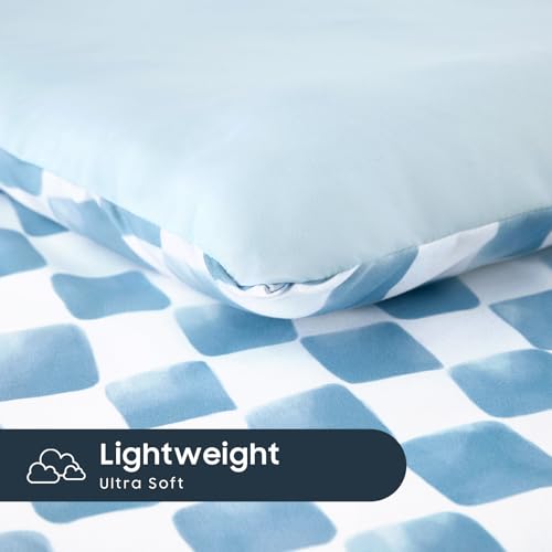Wake In Cloud - Toddler Bedding Set for Boys Girls, Cute Gingham Grid Checkered, 4 Pieces Soft Crib Bed Set Including Comforter, Sheets and Pillowcase, Blue White Wake In Cloud