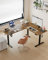 YORIWELL 63 Inches Reversible L Shaped Standing Desk for Home Office, Electric Height Adjustable Corner Computer Desk, Sit Stand up Table with Cup Holder, Ergonomic Gaming Desk, Rustic Brown YORIWELL