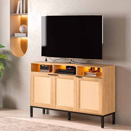 Rattan Tall TV Stand for Living Room,Tall Entertainment Center with Corrosion-resistant Metal Legs, 59" Mid Century Modern TV Stand with LED Lights, Storage Cabinet,Adjustable Shelf,Media Con - WoodArtSupply