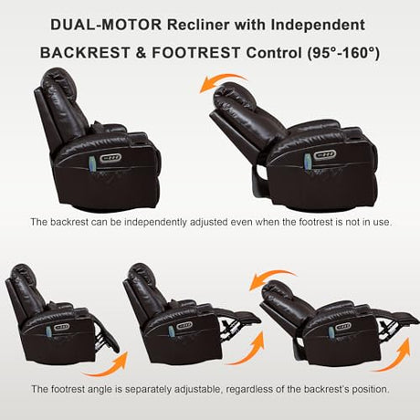 Dual Motor Power Swivel Rocker Recliner Chair for Adults with Heat and Massage,Electric Wall Hugger Glider Rocking Recliner for Nursery Living Room with LED Lights,USB A&C Ports(Brown, Single) DUNELLA