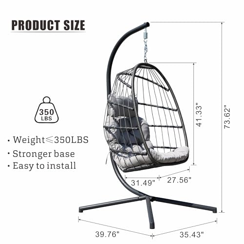 HWB Hanging Egg Chair with Stand, Patio Wicker Egg Swing Chair with Cushion for Bedroom Garden Indoor Outdoor (Grey) - WoodArtSupply