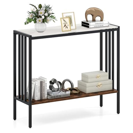 GOFLAME Entryway Table with Storage, 2-Tier Marble Sofa Table with Sintered Stone Top, Wood Shelf, Industrial, Metal Frame, Modern Console Tables for Entryway, Living Room, White & Rustic Brown GOFLAME