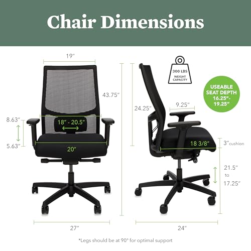HON Ignition 2.0 Mid Back Task Chair, Advanced Synchro-Tilt Control, Office Chair with Lumbar Support, Height and Width Adjustable Arms, Black Frame, Black HON