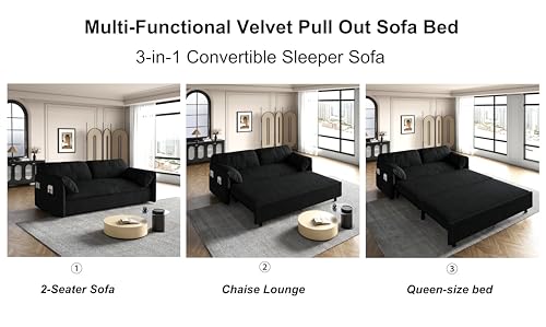 Eafurn Convertible Pull Out Sofa Bed Queen Size, 3-in-1 Convertible Sleeper Couch with Thicked Cushions and Side Storage,Multi-Functional Velvet Loveseat Sofá for Living Room,Bedroom,Apartment,Office Eafurn