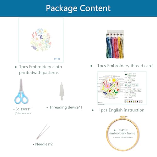 Zhenqing Wildflower Embroidery Kit for Beginners, Colorful Floral Craft Set with 20cm Hoop, Printed Pattern on 29x29cm Cotton Fabric, DIY Nature Wall Art (C0128)