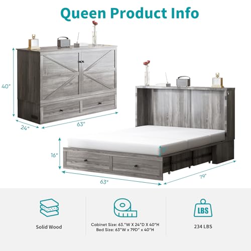 BALUS Queen Murphy Bed with Mattress Included, Cabinet Beds with Tri-Fold Mattress, Murphy Cabinet Beds with USB Charging Station and Storage Drawers, Murphy Queen Bed for Bedroom, Dark Grey BALUS