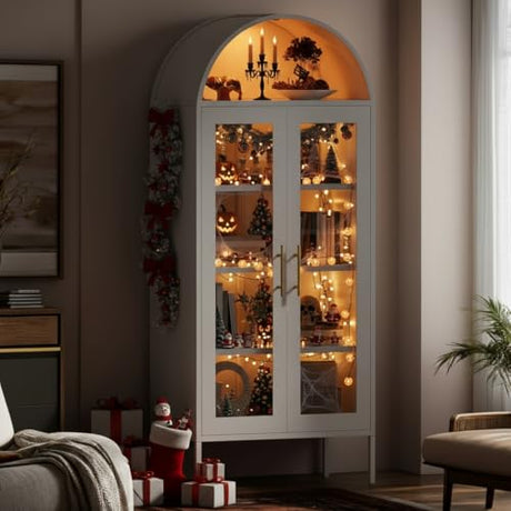 YITAHOME 71" Arched Glass Display Cabinet, Tall Metal Storage Cabinet with Adjustable Shelves and Glass Doors, White YITAHOME