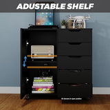 Panana 5-Drawer Chest with 1 Door, Wooden Chest of Drawers Storage Dresser Cabinet with Wheels, Office Organization and Storage, Bedroom Furniture (Black-S) Panana