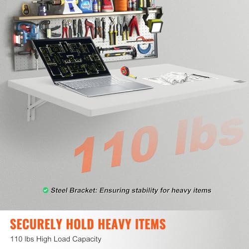 VEVOR Wall Mounted Folding Table, 39.37" x 19.69" Wall Mount Drop Leaf Table, Floating Desk with Iron Bracket, Fold Down Desk for Small Spaces, Home Office, Dining, Laundry Room, Kitchen, Bar, White VEVOR