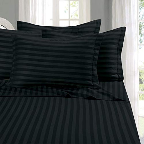 Elegant Comfort Best, Softest, Coziest 6-Piece Sheet Sets! - 1500 Premier Hotel Quality Luxurious Wrinkle Resistant 6-Piece Damask Stripe Bed Sheet Set, Queen Black Elegant Comfort