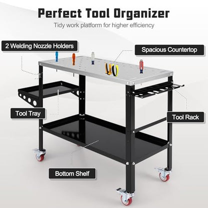 Goplus Rolling Welding Table, 1200 lbs Welding Workbench Table Top w/4 Lockable Wheels, Tool Rack & Tray, 5/8” Holes, 8 Tool Slots, 2 Nozzle Holders, 36” x 18” Welding Fixture Table for Shop  - WoodArtSupply