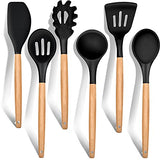 E-far Cooking Utensils Set of 6, Silicone Kitchen Utensils with Wooden Handle, Non-stick Cookware Friendly & Heat Resistant, Includes Spatula/Ladle/Slotted Turner/Serving Spoon/Spaghetti Server(Black) E-far