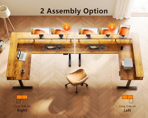 AODK Electric L Shaped Standing Desk, 59 Inch Height Adjustable Stand Up Desk with Power Outlets ＆ Full Monitor Stand, Reversible Corner Desk for Home Office ＆ Computer Workstation, Rustic Brown AODK