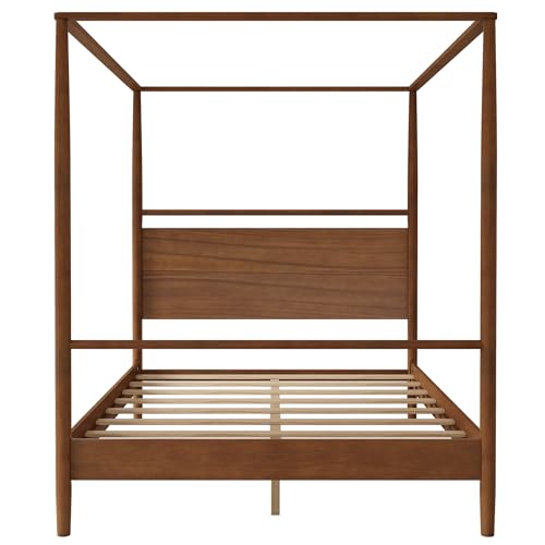 Solid Wood Canopy Platform Bed Queen Size,Mid-Century Modern Four Posters Platform Bed Frame with Full-Length Slide Rails & Headboard,Under-Bed Space,No Box Spring Needed,Walnut