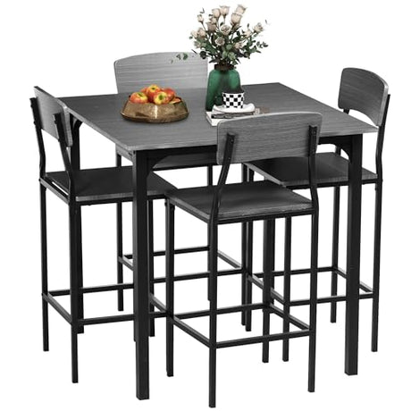 HOMCOM 5-Piece Counter Height Bar Table with Space-Saving Design, Square Kitchen Table and Chairs Set with Footrest, Metal Legs, Industrial Dining Table Set for 4, Gray HOMCOM