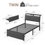 Rolanstar Twin Bed Frame with Ergonomic Headboard Storage & Charging Station, Upholstered Platform Bed with LED Light & Drawer, Heavy Duty Metal Slats, Noise Free, No Box Spring Needed, Grey Rolanstar