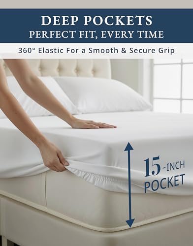 100% Egyptian Cotton Sheets King Size - Naturally Cooling & Breathable 4 Piece Silky Sateen Weave King Size Sheets Set, Ultra-Soft & Durable Hotel Luxury Sheets with 15" Snug Fit Deep Pockets - White LANE LINEN