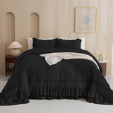 QSH Oversized King Comforter 128x120,3PCs Black Farmhouse Lightweight Ruffled Bedding Comforter Set Shabby Boho Chic California King Bed Comforter Set French Country Soft Microfiber Fluffy Bed Set QSH