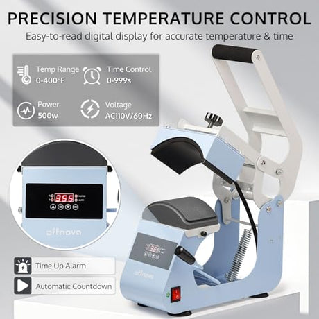 OFFNOVA Hat Heat Press Machine for Caps with 2 Interchangeable Platens, Temp & Time Control with Auto Countdown, Efficient Heat Transfer for HTV Iron On and Sublimation Projects (Handle-Blue) OFFNOVA