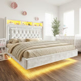 Homkdom Floating Bed Frame Queen with LED Lights & Charging Station, Upholstered Queen Bed Frame with Tall Velvet Storage Headboard, Heavy Duty Metal Slats/No Box Spring Needed/No Noise, Modern,Beige Homkdom