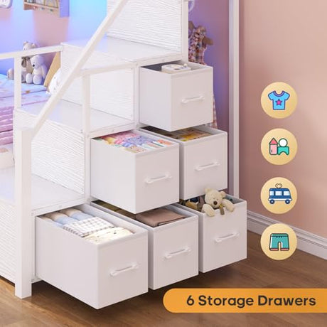 BTHFST Bunk Bed Twin Over Twin with Stairs, LED Lights Twin Bunk Bed with 2 Storage Drawers & 6 Fabric Drawers, Metal Twin Loft Beds with Guardrail & Stairs, Space Saving, Sturdy Frame for Teens BTHFST