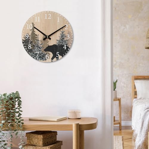 SwallowLiving Cabin Bear Wall Clock 12 Inch Silent Non Ticking Clock Wooden Forest Wildlife Mountain Lodge Wall Clock Battery Operated Rustic Farmhouse Wall Clock SwallowLiving
