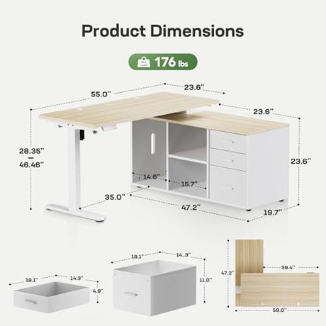 Marsail L-Shaped Executive Standing Desk with File Cabinet, 55" x 24" Electric Height Adjustable Stand up Desk, One-Whole Piece Desktop, Home Office Modern Computer Deskwith 4 Memory Presets Marsail