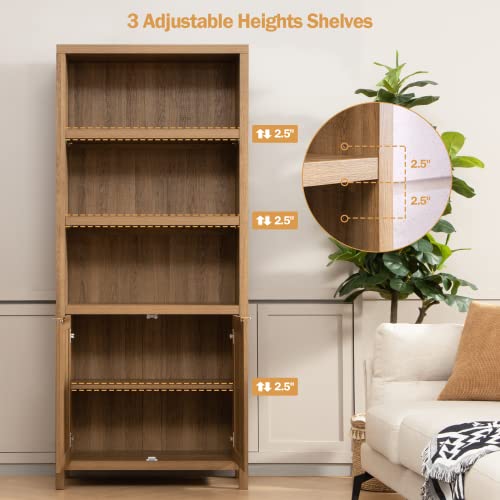 SICOTAS 5-Tier Boho Rattan Bookshelf with Doors - Stylish Oak Storage for Home and Office - WoodArtSupply