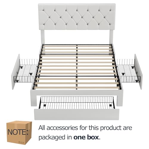 VECELO Queen Size Bed Frame with 3 Storage Drawers, Leather Upholstered with Diamond Tufted Headboard, Solid Wood Slat Support & Steel Framework, PU & White VECELO