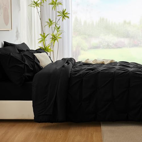 CozyLux Full Size Comforter Sets Black, 7 Pieces Pintuck Bed in A Bag Black Comforter Full Size, Pinch Pleat Bedding Sets with All Season Comforter, Sheets, Pillowcases & Shams CozyLux