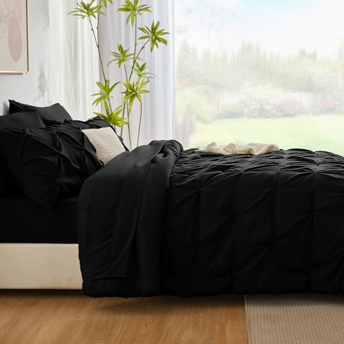 CozyLux King Size Comforter Set Black, 7 Pieces Pintuck Bed in A Bag Black Comforter King Size, Pinch Pleat Bedding Set with All Season Comforter, Sheets, Pillowcases & Shams CozyLux