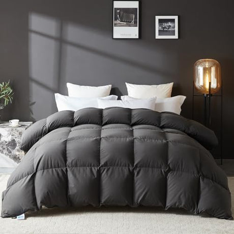 L LOVSOUL Goose Feather Down Fiber Comforter King Size, 100% Organic Cotton Fabric Duvet Insert,1200TC,750+Fill Power, Hotel Collection, All Season Grey Bedding Comforters with 8 Tabs L LOVSOUL