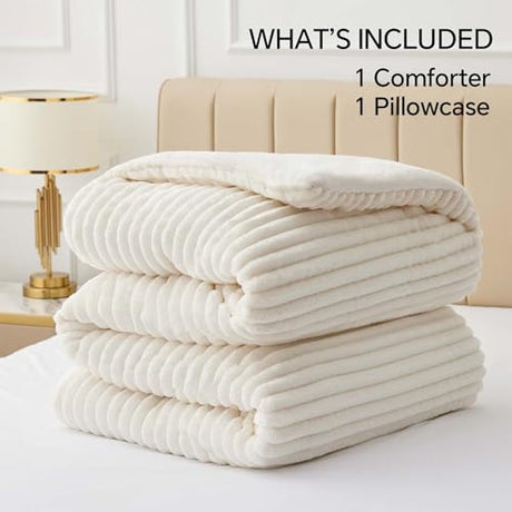 BEDELITE Fleece Twin Comforter Set -Super Soft & Warm Fluffy Cream White Bedding, Luxury Fuzzy Heavy Bed Set for Winter with 1 Pillow case BEDELITE