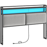 HOOBRO Queen Size Upholstered Headboard, Storage Headboard with Charging Station and Adjustable LED Lights, 2 Standard Outlets and 2 USB Ports, Queen Headboard Only, Easy Assembly, Black and Gray HOOBRO