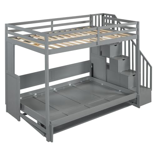Full Murphy Bunk Bed with Desk and Hydraulic Lift, Full Over Full Size Murphy Bed with Storage Stairs, Grey Bellemave