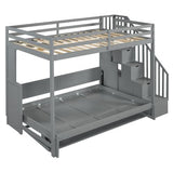 Full Murphy Bunk Bed with Desk and Hydraulic Lift, Full Over Full Size Murphy Bed with Storage Stairs, Grey Bellemave
