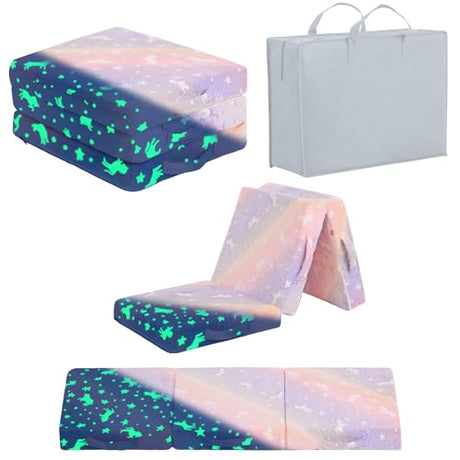Givjoy Foldable Floor Mattress for Kids, Glow in The Dark Purple Horse Toddler Washable Folding Floor Mat for Nap Daycare, Child Trifold Futon Sofa Bed with Storage Bag for Playroom Girls and Boys Givjoy
