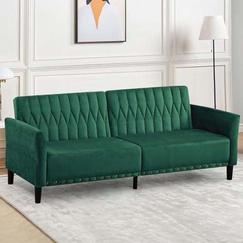 Lesofair 77" Velvet Sleeper Couch with Adjustable Backrests & Armrests, Modern Sofa Bed with Nailhead Trim, Tufted Loveseat Sofa with Deeper Seat for Living Room,Office,Green Lesofair