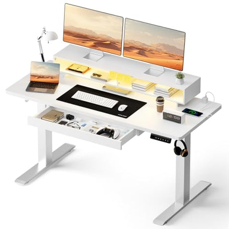 GTPLAYER Electric Standing Desk with Drawers, 48 x 24 Inch Height Adjustable Gaming Desk with Monitor Stand, Power Outlets & LED Lights, Home Office Sit Stand Up Desk with Memory Preset (White) GTPLAYER