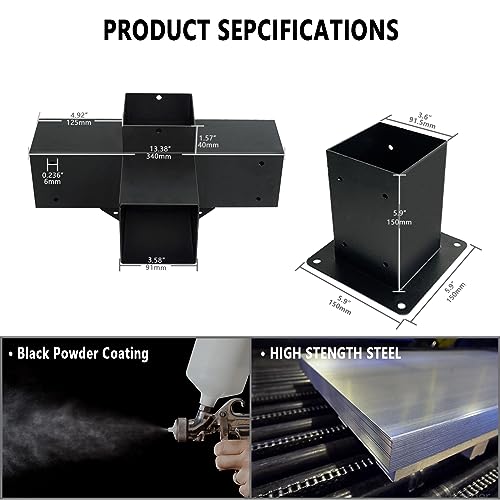 DEVALLEY 4-Way Right Corner Pergola Brackets Kit,Woodwork Brackets with Post Anchors for 4" x 4"(Actual:3.5"x3.5") Wood Beams for Patio Pergolas,Gazebos,Log Cabin W/Hardware (4 Pack)… DEVALLEY