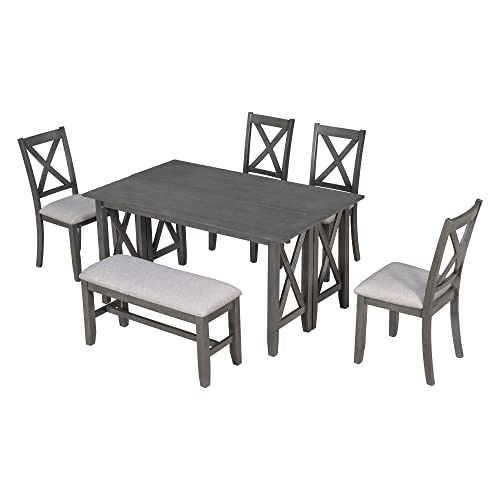 Merax 6 Piece Dining Room Table Set, Rustic Farmhouse Dining Room Foldable Table with 4 Upholstered Chairs and Bench, Solid Wood Kitchen Dining Table Set for 6 Persons (Gray) Merax