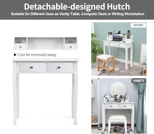 DMAITH Small White Writing Desk with Hutch – 32" Home Office Desk with Drawers | Compact Computer Desk, Vanity Makeup Table for Bedroom or Study Room DMAITH