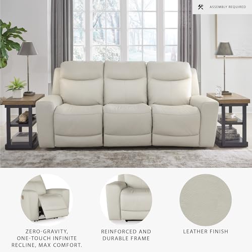 Signature Design by Ashley Mindanao Modern Leather Match Power Reclining Sofa with Adjustable Headrest and USB Ports, Light Gray Signature Design by Ashley